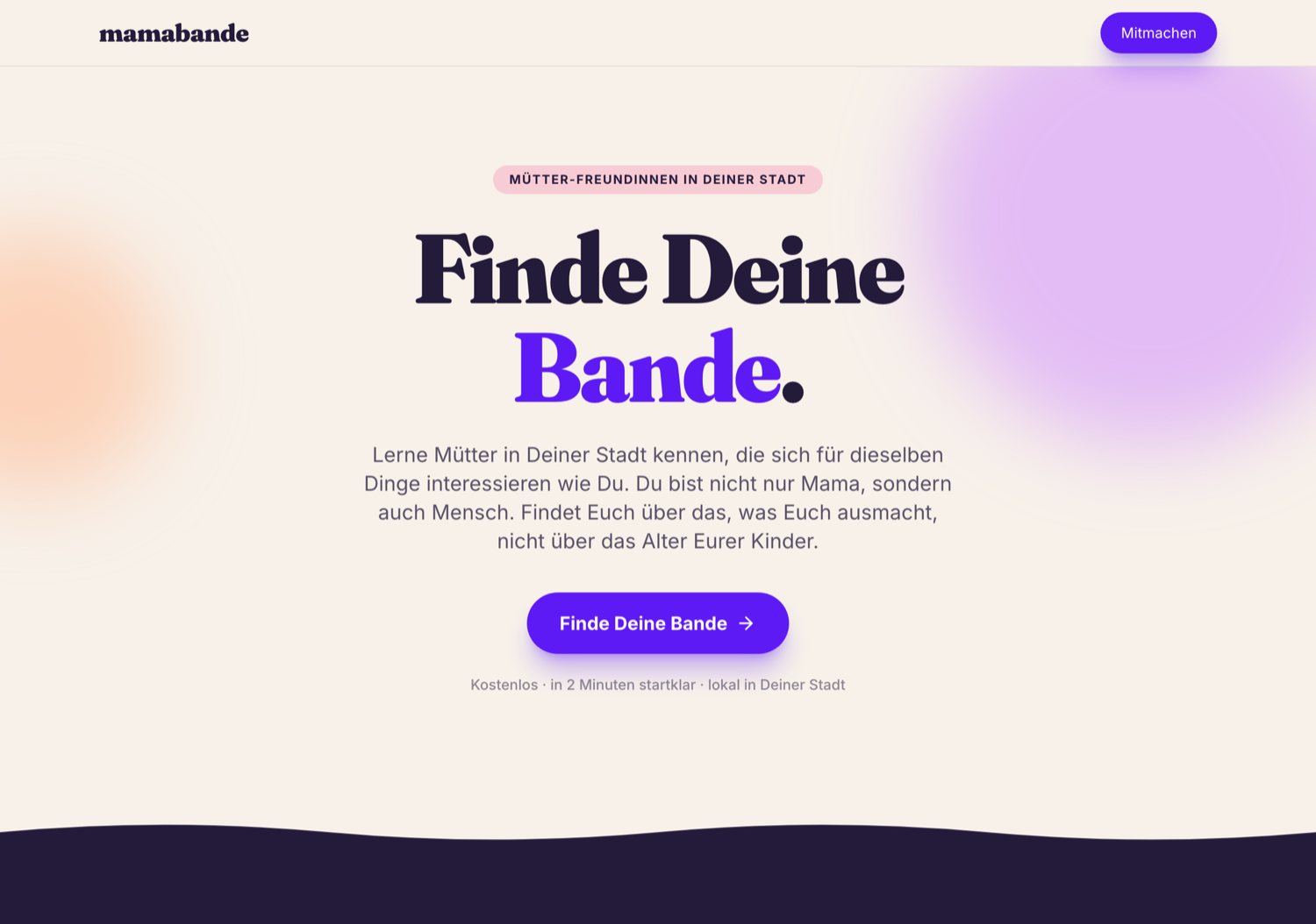 Landingpage von mamabande mit dem Claim Finde Deine Bande